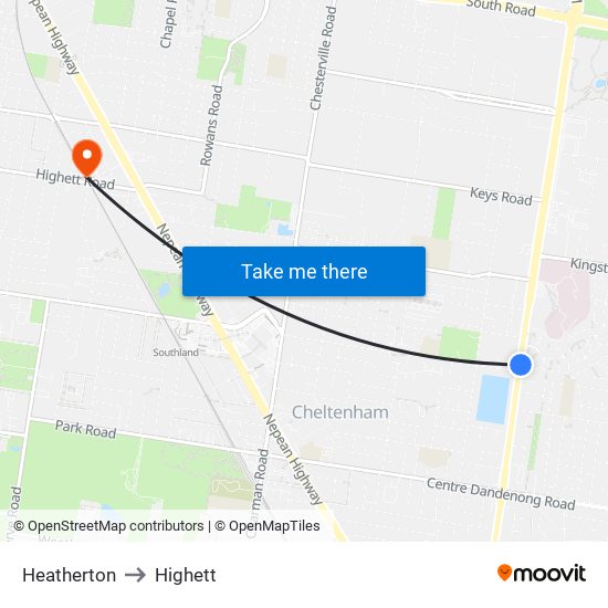 Heatherton to Highett map