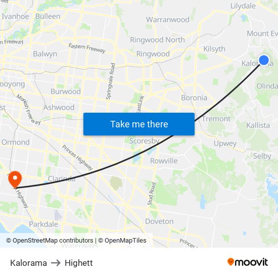 Kalorama to Highett map