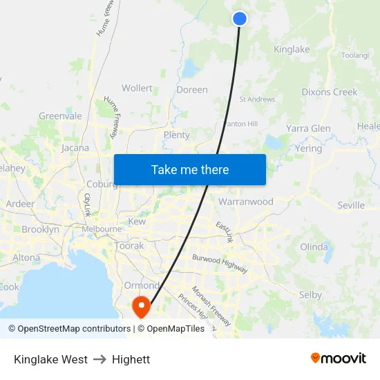 Kinglake West to Highett map