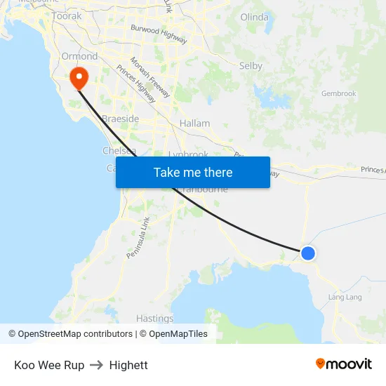 Koo Wee Rup to Highett map