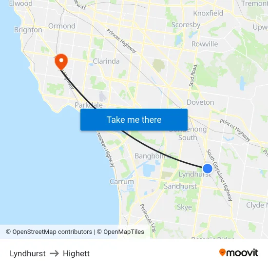 Lyndhurst to Highett map