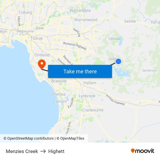 Menzies Creek to Highett map