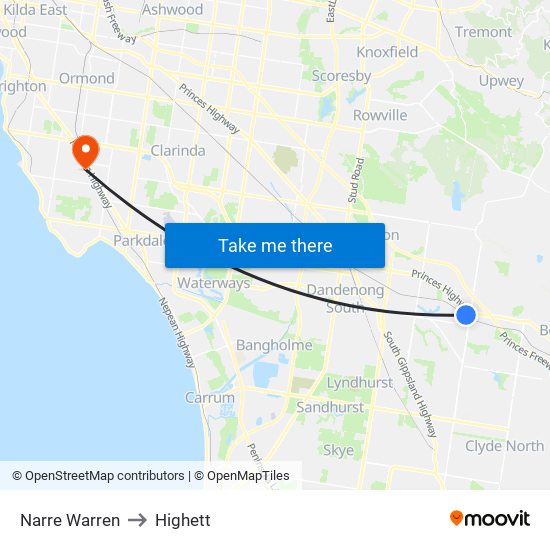 Narre Warren to Highett map