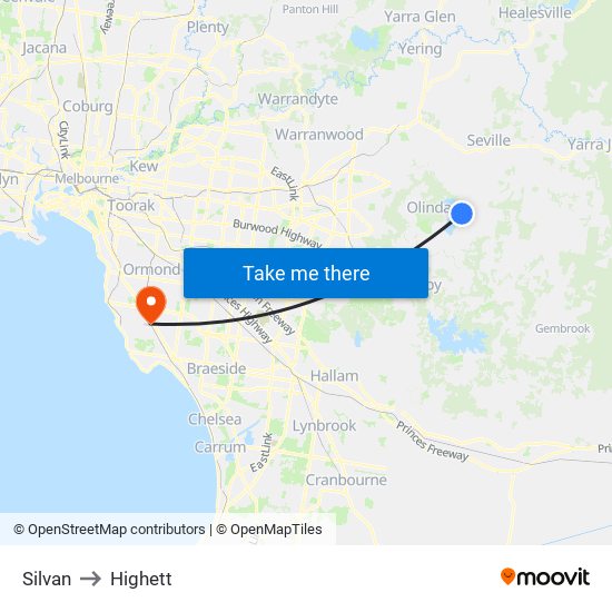 Silvan to Highett map