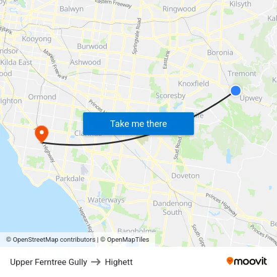 Upper Ferntree Gully to Highett map