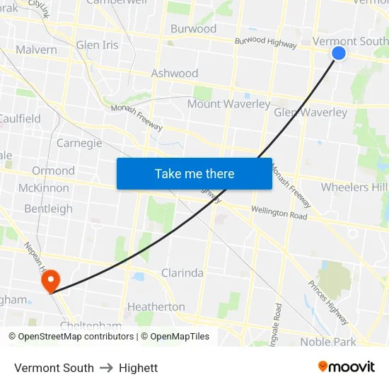 Vermont South to Highett map