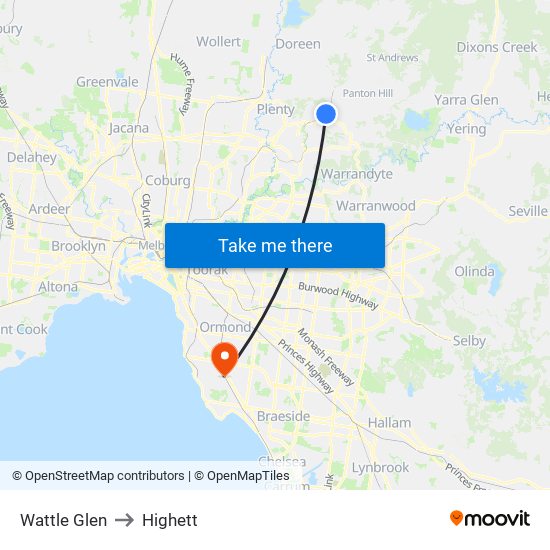 Wattle Glen to Highett map