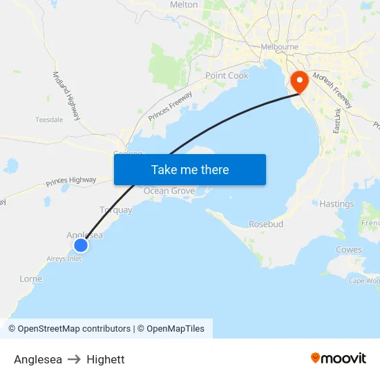 Anglesea to Highett map