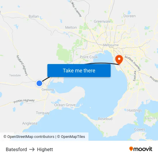 Batesford to Highett map