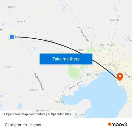 Cardigan to Highett map