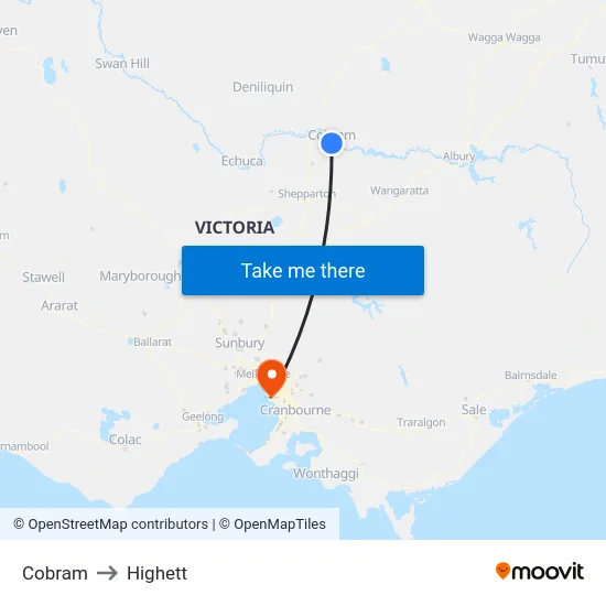 Cobram to Highett map