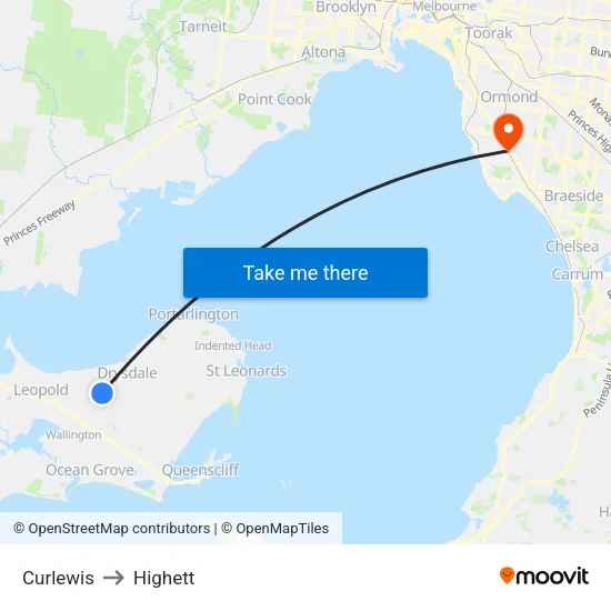 Curlewis to Highett map