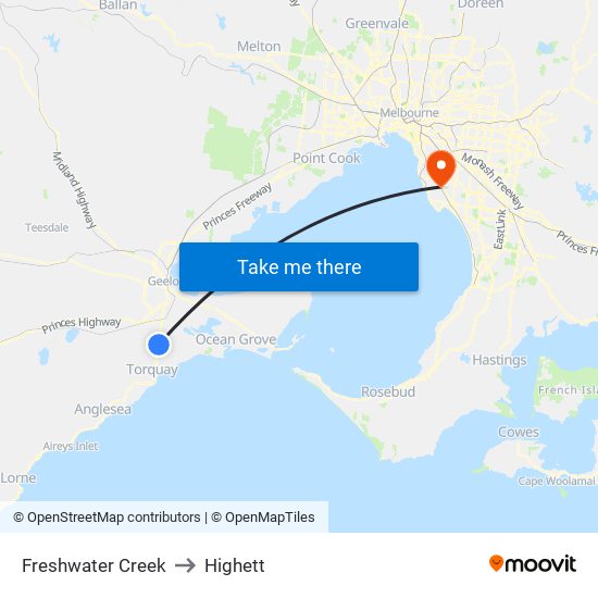 Freshwater Creek to Highett map