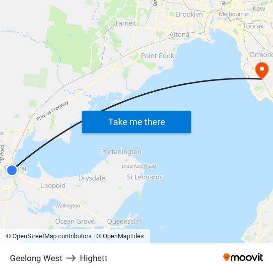 Geelong West to Highett map
