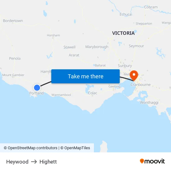 Heywood to Highett map