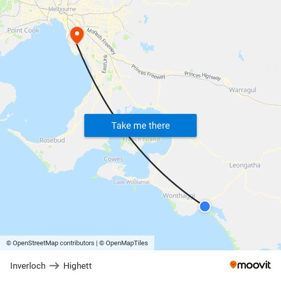 Inverloch to Highett map