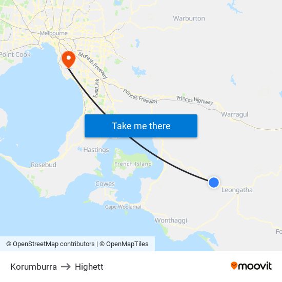 Korumburra to Highett map