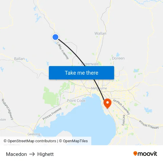 Macedon to Highett map