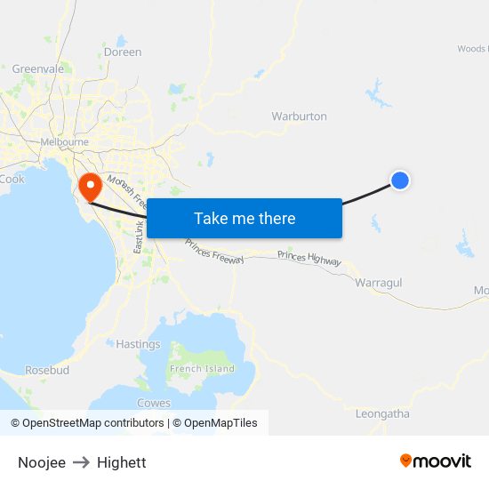Noojee to Highett map