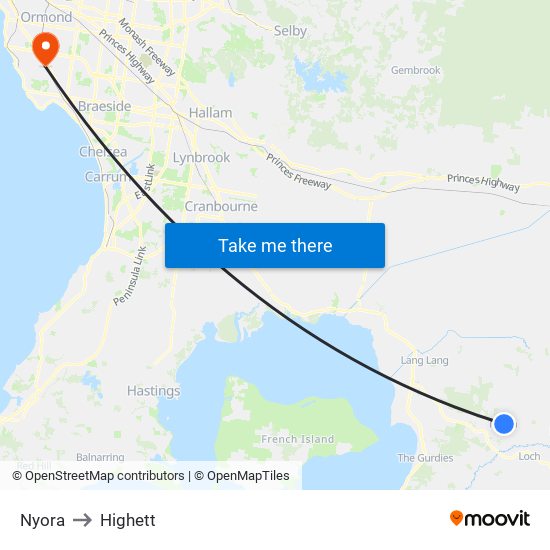 Nyora to Highett map