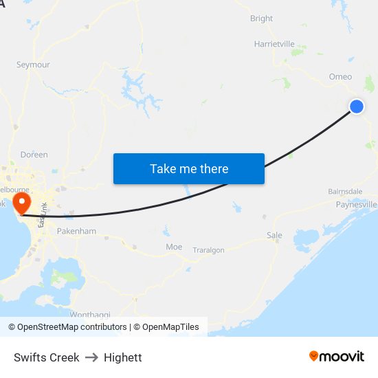 Swifts Creek to Highett map