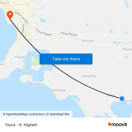 Toora to Highett map