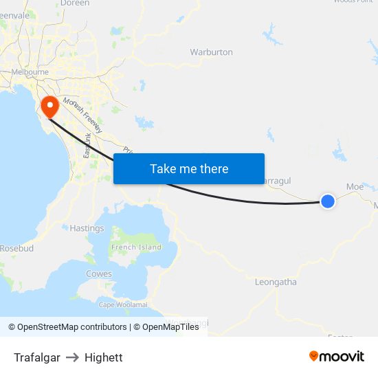 Trafalgar to Highett map