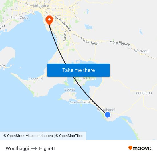 Wonthaggi to Highett map