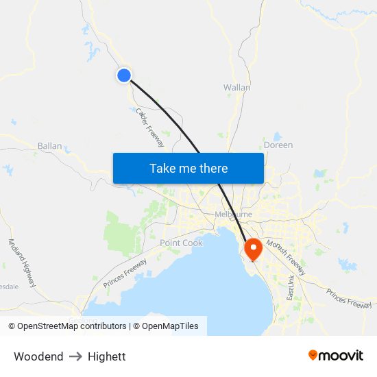 Woodend to Highett map