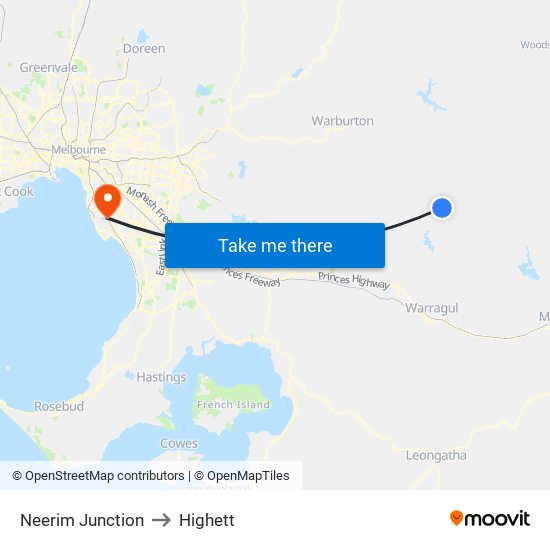 Neerim Junction to Highett map