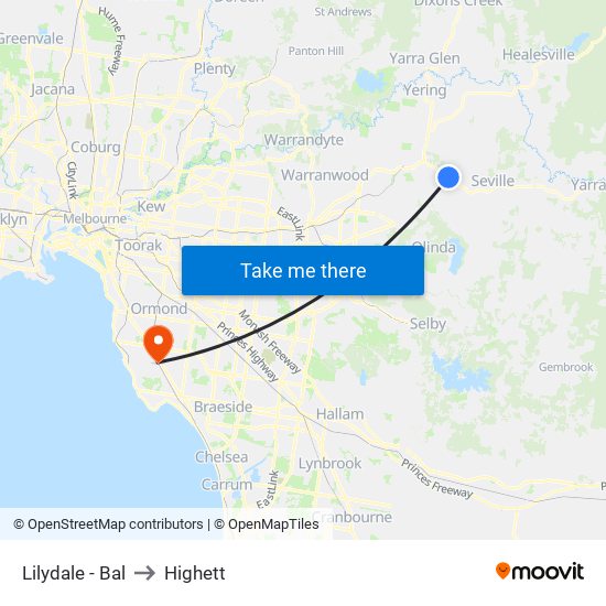 Lilydale - Bal to Highett map