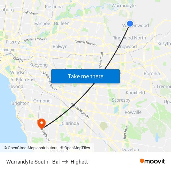 Warrandyte South - Bal to Highett map