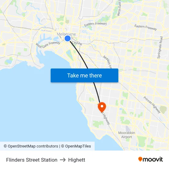 Flinders Street Station to Highett map