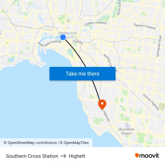 Southern Cross Station to Highett map