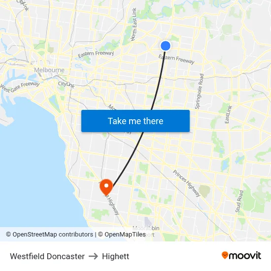 Westfield Doncaster to Highett map