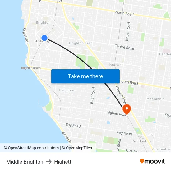 Middle Brighton to Highett map