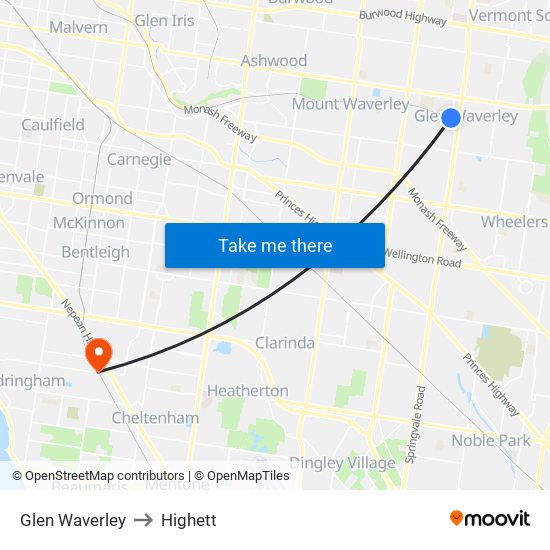 Glen Waverley to Highett map