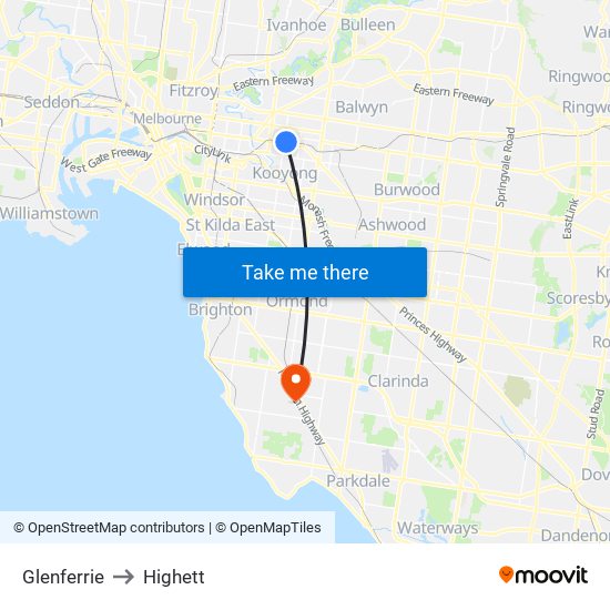 Glenferrie to Highett map