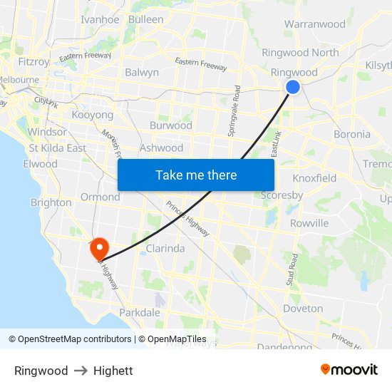 Ringwood to Highett map