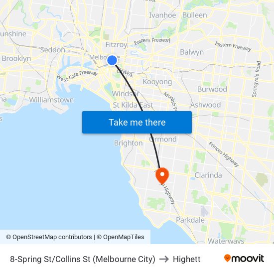 8-Spring St/Collins St (Melbourne City) to Highett map