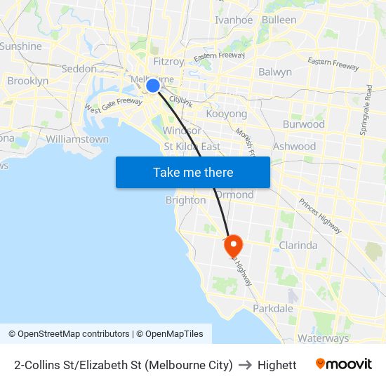 2-Collins St/Elizabeth St (Melbourne City) to Highett map