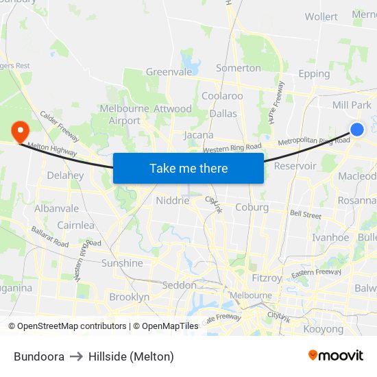 Bundoora to Hillside (Melton) map