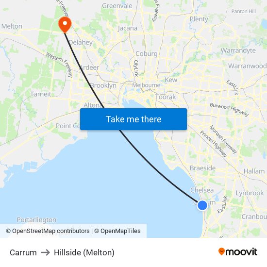 Carrum to Hillside (Melton) map