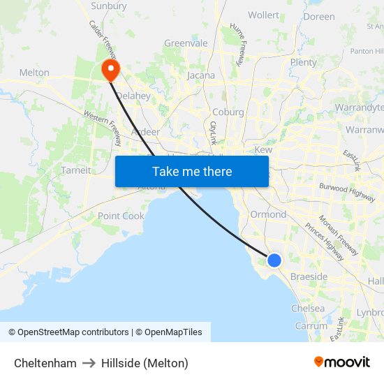 Cheltenham to Hillside (Melton) map