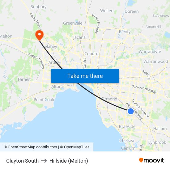 Clayton South to Hillside (Melton) map