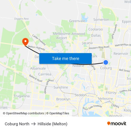 Coburg North to Hillside (Melton) map