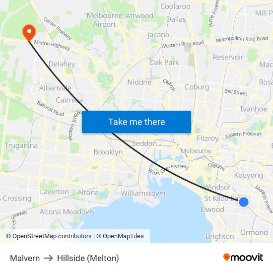 Malvern to Hillside (Melton) map