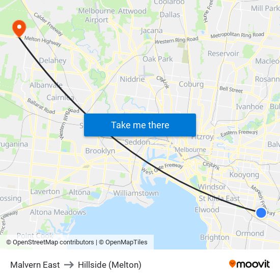 Malvern East to Hillside (Melton) map