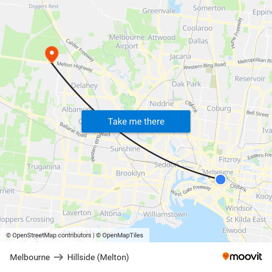 Melbourne to Hillside (Melton) map