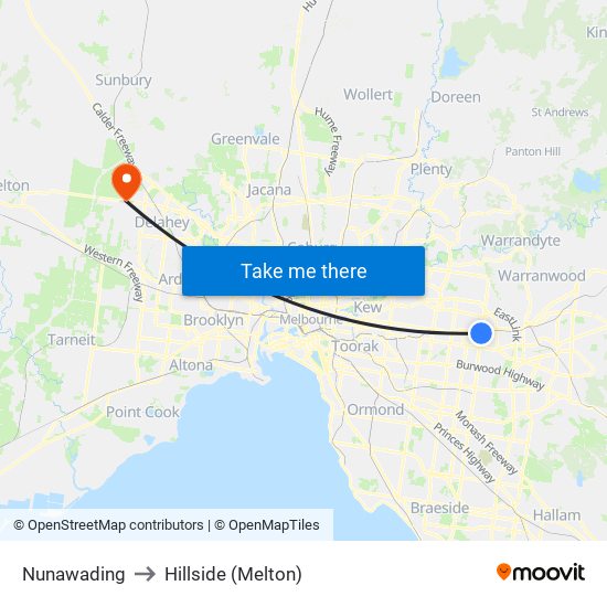 Nunawading to Hillside (Melton) map